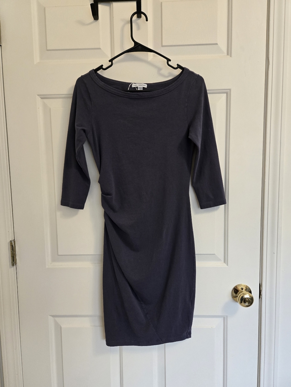 James Perse Slate Gray Boatneck Bodycon 3/4 Sleeve Ruched Dress Size 2 Medium